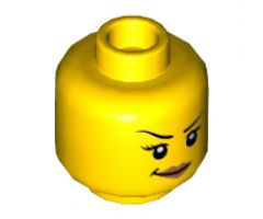 Minifigure, Head Female with Black Eyebrows with One Eyebrow Raised, Eyelashes, Peach Lips, Smirk Pattern - Hollow Stud