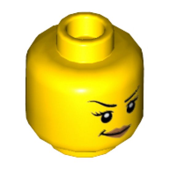 Minifigure, Head Female with Black Eyebrows with One Eyebrow Raised, Eyelashes, Peach Lips, Smirk Pattern - Hollow Stud