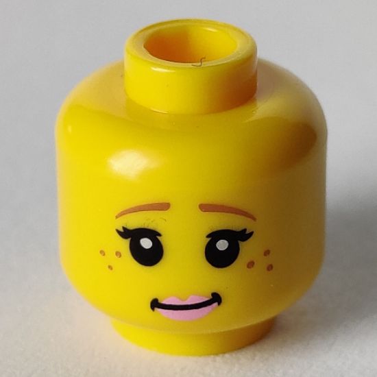 Minifigure, Head Female Brown Eyebrows, Freckles, Black Eyelashes, Pink Lips Pattern (Unicorn Girl) - Hollow Stud