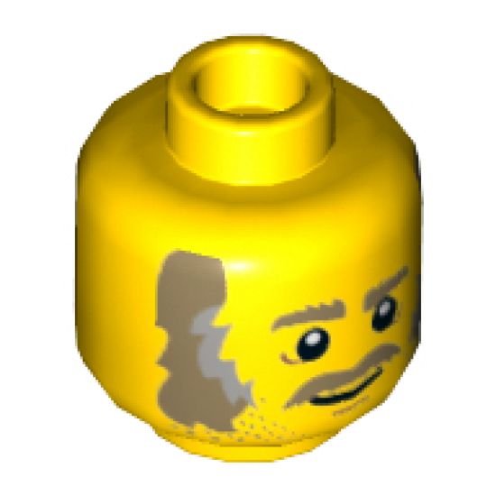 Minifigure, Head Dark Tan Eyebrows, Moustache, Dark Tan and Gray Sideburns, Stubble and White Pupils Pattern - Hollow Stud