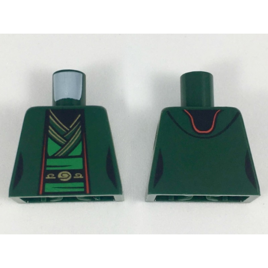 Torso Ninjago Female Robe over Bright Green Tunic with Sash and Black and Gold Trim Pattern