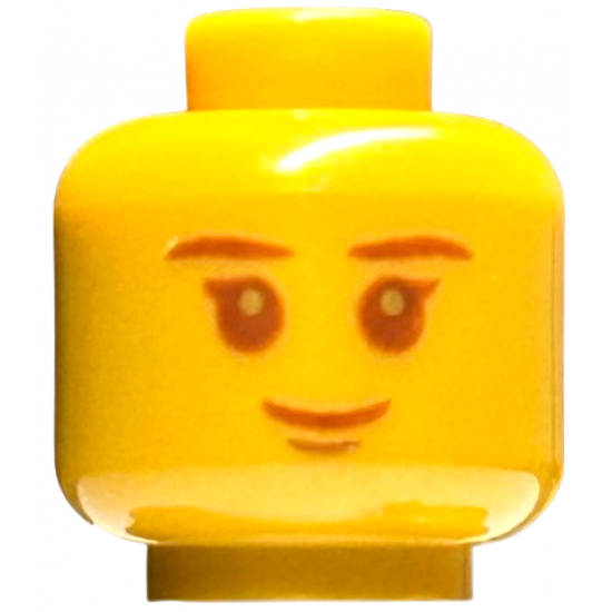 Minifigure, Head Child Reddish Brown Eyebrows and Mouth, Pearl Gold Pupils, Grin Pattern - Hollow Stud