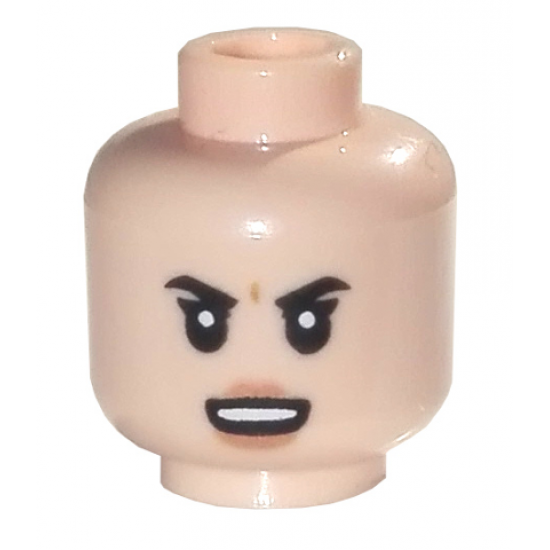 Minifigure, Head Female Black Eyebrows, Open Smile and White Teeth, Angry Frown Pattern - Hollow Stud