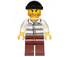Police - Jail Prisoner 86753 Prison Stripes, Black Knit Cap, Reddish Brown Legs, Beard Stubble and Lopsided Grin