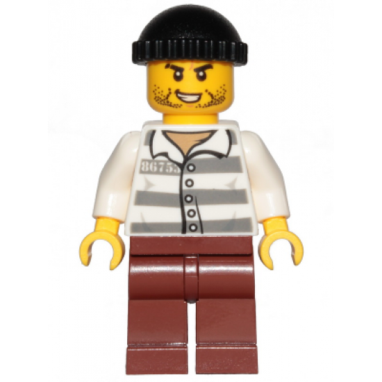 Police - Jail Prisoner 86753 Prison Stripes, Black Knit Cap, Reddish Brown Legs, Beard Stubble and Lopsided Grin
