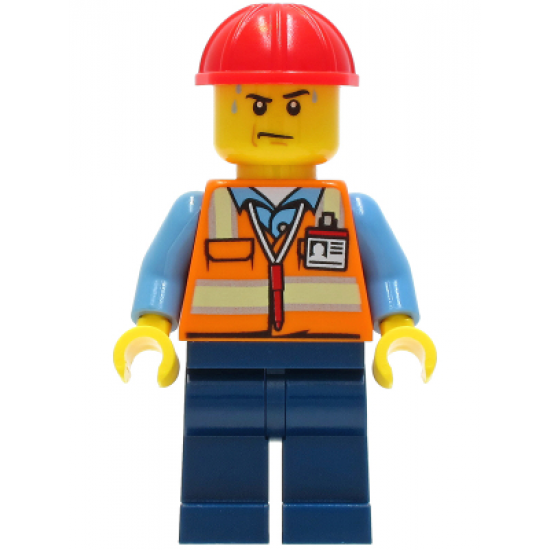 Construction Worker - Orange Safety Vest with Reflective Stripes, Dark Blue Legs, Red Construction Helmet