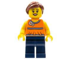Orange Halter Top with Medium Blue Trim and Flowers Pattern, Dark Blue Legs, Reddish Brown Ponytail and Swept Sideways Fringe