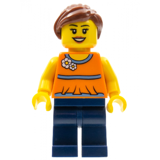 Orange Halter Top with Medium Blue Trim and Flowers Pattern, Dark Blue Legs, Reddish Brown Ponytail and Swept Sideways Fringe