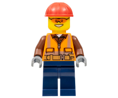 Construction Worker - Male, Orange Safety Vest, Reflective Stripes, Reddish Brown Shirt, Dark Blue Legs, Red Construction Helmet, Orange Safety Glasses