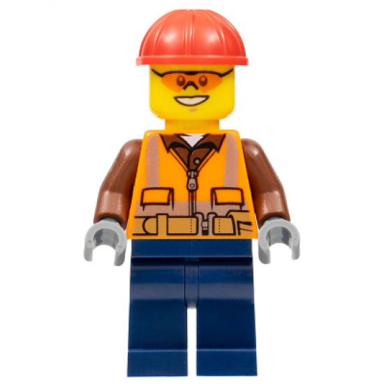 Construction Worker - Male, Orange Safety Vest, Reflective Stripes, Reddish Brown Shirt, Dark Blue Legs, Red Construction Helmet, Orange Safety Glasses