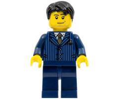 Businessman - Pinstripe Jacket and Gold Tie, Dark Blue Legs, Black Short Tousled Hair, Smirk and Stubble
