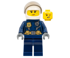 Police - City Helicopter Pilot Female, Gold Badge and Utility Belt, Dark Blue Legs, White Helmet, Peach Lips Crooked Smile with Freckles