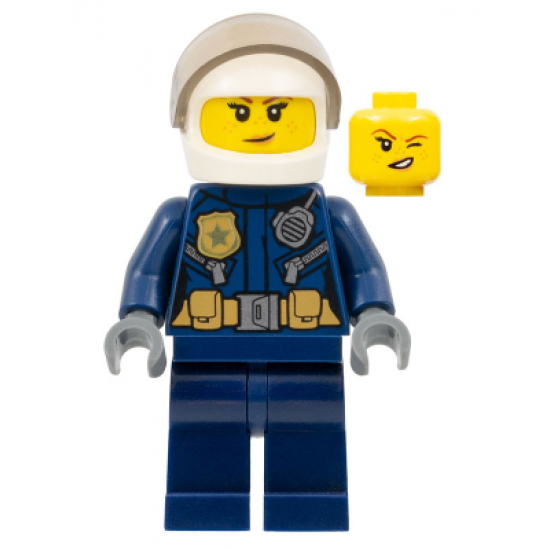 Police - City Helicopter Pilot Female, Gold Badge and Utility Belt, Dark Blue Legs, White Helmet, Peach Lips Crooked Smile with Freckles
