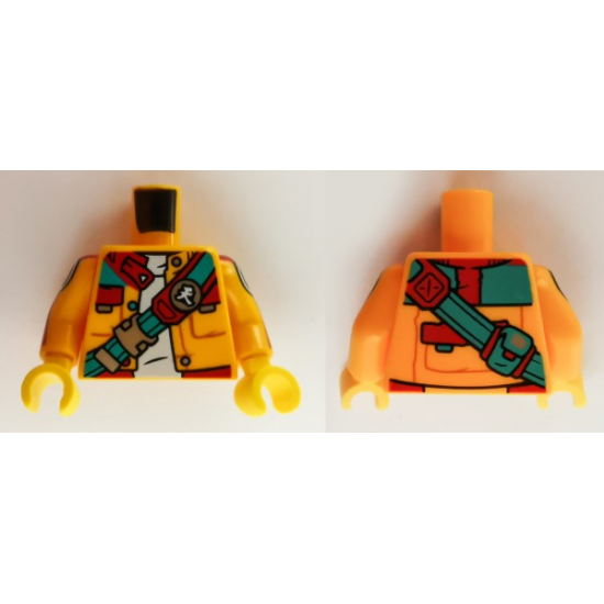 Torso Jacket with Pockets, White Shirt, Dark Turquoise and Red Strap with Chinese Logogram '?' (Sky) Button Pattern / Bright Light Orange Arms with Red Stripes and Black and White Targets Pattern / Yellow Hands