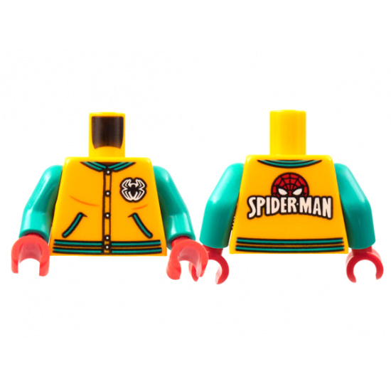 Torso Letter Jacket, Dark Turquoise Trim, Spider Logo, 'SPIDER-MAN' on Back Pattern / Dark Turquoise Arms / Red Hands