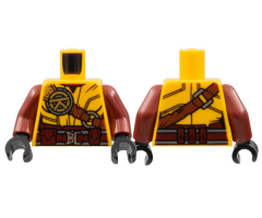Torso Female, Dark Red Collar and Belt, Reddish Brown Shoulder Belt, Silver Buckles, Gold Ninjago Logogram 'R' Pattern / Dark Red Arms / Black Hands