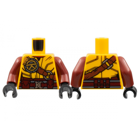 Torso Female, Dark Red Collar and Belt, Reddish Brown Shoulder Belt, Silver Buckles, Gold Ninjago Logogram 'R' Pattern / Dark Red Arms / Black Hands