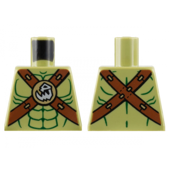 Torso Bare Chest, Dark Green Contour Lines, Reddish Brown Crossbelts with Skull Clasp Pattern