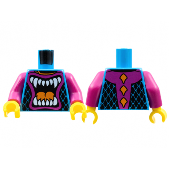 Torso Race Suit, Angry Open Mouth with White Teeth and Orange Tongue Pattern / Magenta Arms / Yellow Hands