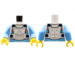Torso Race Suit, Bright Light Blue and Coral Stripes, White Chest Protector, Sport Mountains Logo Pattern / Medium Blue Arms / Yellow Hands