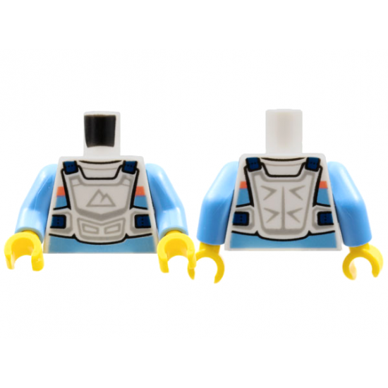 Torso Race Suit, Bright Light Blue and Coral Stripes, White Chest Protector, Sport Mountains Logo Pattern / Medium Blue Arms / Yellow Hands
