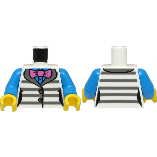 Torso Female Jacket with Dark Bluish Gray Prison Stripes over Dark Azure Shirt, Dark Pink Bow Tie Pattern / Dark Azure Arms / Yellow Hands