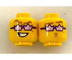 Minifigure, Head Dual Sided Gold Eyebrows, Dark Purple Crown Sunglasses, Open Mouth Grin / Puckered Lips Pattern - Hollow Stud