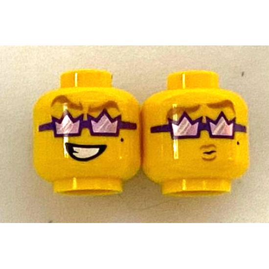 Minifigure, Head Dual Sided Gold Eyebrows, Dark Purple Crown Sunglasses, Open Mouth Grin / Puckered Lips Pattern - Hollow Stud