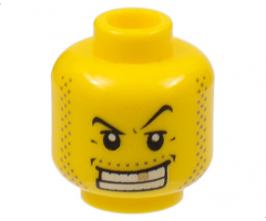Minifigure, Head Male Black Thin Eyebrows, Upper Eyelids, Moustache and Sideburns Stubble, Wide Open Mouth Smile with Teeth and Gold Tooth Pattern