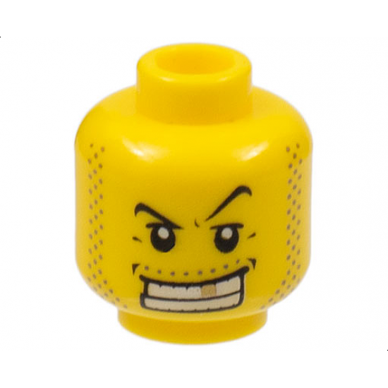 Minifigure, Head Male Black Thin Eyebrows, Upper Eyelids, Moustache and Sideburns Stubble, Wide Open Mouth Smile with Teeth and Gold Tooth Pattern