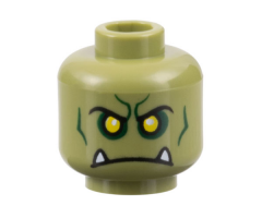 Minifigure, Head Alien Orc with Yellow Eyes, Black Eyebrows, Dark Green Contours and Eye Shadow, and Frown with White Lower Fangs Pattern - Hollow Stud