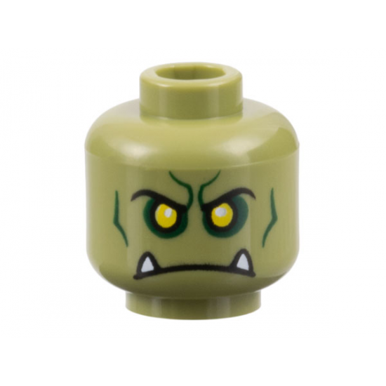 Minifigure, Head Alien Orc with Yellow Eyes, Black Eyebrows, Dark Green Contours and Eye Shadow, and Frown with White Lower Fangs Pattern - Hollow Stud