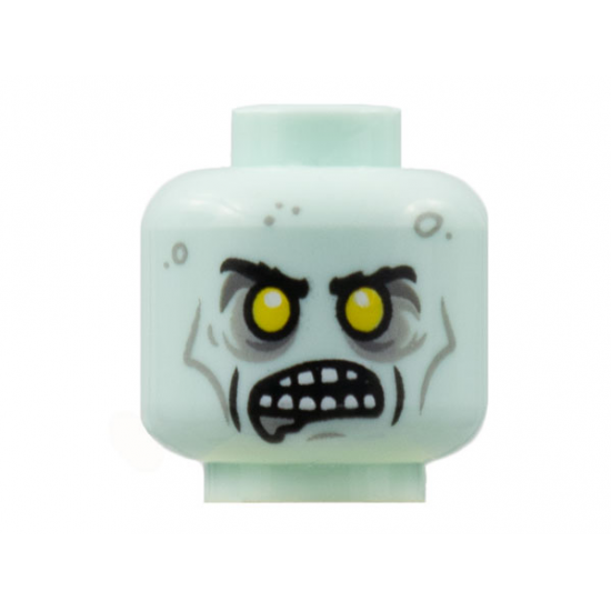 Minifigure, Head Alien Zombie, Black Eyebrows, Yellow Eyes, Open Mouth Showing Teeth, Dark Bluish Gray Splotches Pattern - Hollow Stud