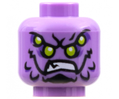 Minifigure, Head Alien with Four Lime Eyes, Dark Purple Eye Shadow, Black Chin and Markings, and Bared Teeth Pattern - Hollow Stud