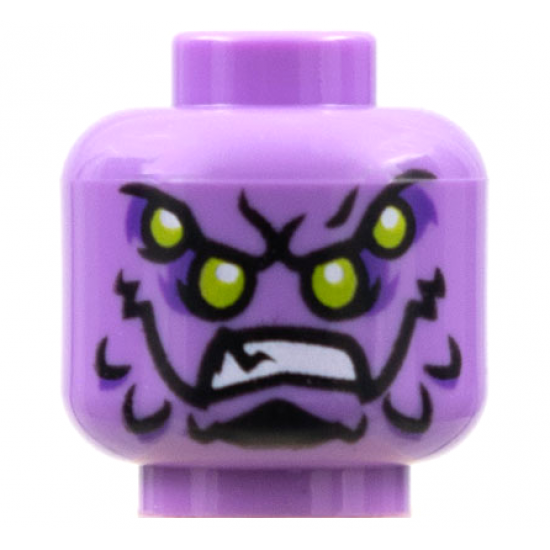 Minifigure, Head Alien with Four Lime Eyes, Dark Purple Eye Shadow, Black Chin and Markings, and Bared Teeth Pattern - Hollow Stud