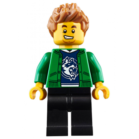 Hiker, Male, Green Jacket over Raccoon Shirt, Black Legs, Medium Nougat Spiked Hair