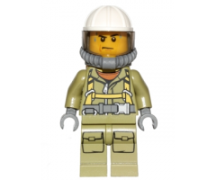 Volcano Explorer - Male Worker, Suit with Harness, Construction Helmet, Breathing Neck Gear with Yellow Air Tanks, Trans-Black Visor, Sweat Drops