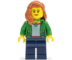 Green Female Jacket Open with Necklace, Dark Blue Legs, Dark Orange Female Hair over Shoulder