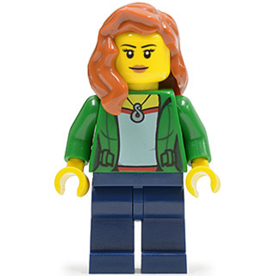 Green Female Jacket Open with Necklace, Dark Blue Legs, Dark Orange Female Hair over Shoulder