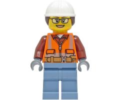 Construction Worker - Female, Orange Safety Vest, Reflective Stripes, Reddish Brown Shirt, Sand Blue Legs, White Construction Helmet with Dark Brown Hair, Glasses