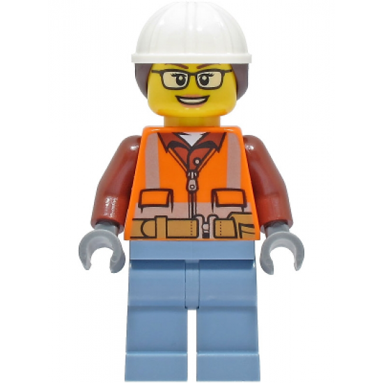 Construction Worker - Female, Orange Safety Vest, Reflective Stripes, Reddish Brown Shirt, Sand Blue Legs, White Construction Helmet with Dark Brown Hair, Glasses