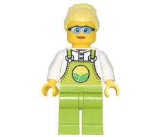 Farmer Peach - Lime Overalls over White Shirt, Lime Legs, Bright Light Yellow High Bun, Glasses