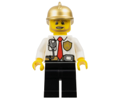 Fire - White Shirt with Tie and Belt and Radio, Black Legs, Gold Fire Helmet