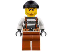 Police - City Bandit Crook Overalls 621 Prison Stripes, Dark Orange Legs, Black Knit Cap, Beard Stubble and Scowl