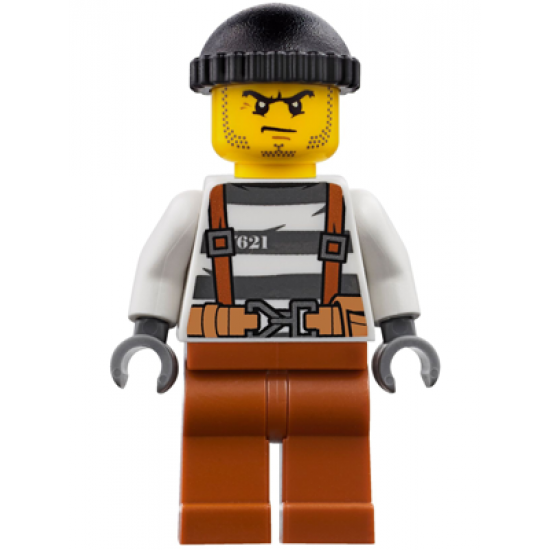 Police - City Bandit Crook Overalls 621 Prison Stripes, Dark Orange Legs, Black Knit Cap, Beard Stubble and Scowl