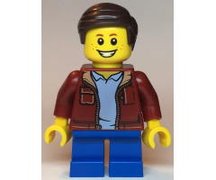 Child Boy, Dark Red Jacket with Bright Light Blue Shirt, Blue Short Legs, Dark Brown Smooth Hair