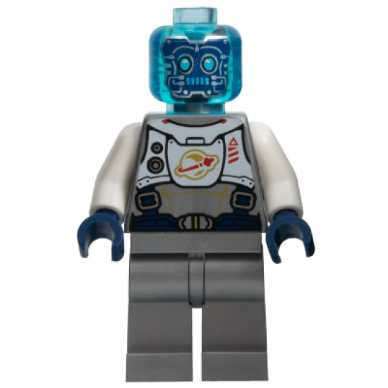 Cyber Drone Robot - Flat Silver Spacesuit with Harness and White Panel with Classic Space Logo, Trans-Light Blue Head