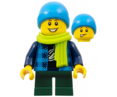 Child Boy, Dark Azure Beanie, Lime Scarf, Banana Shirt, Dark Green Legs