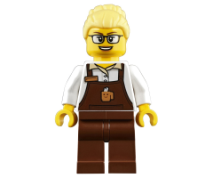 Female with Reddish Brown Apron with Cup and Name Tag Pattern, Bright Light Yellow Hair Female Large High Bun, Glasses