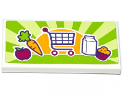 Tile 2 x 4 with Apple, Carrot, Shopping Cart / Trolley, Milk Carton and Cupcake Pattern (Sticker) - Set 41118